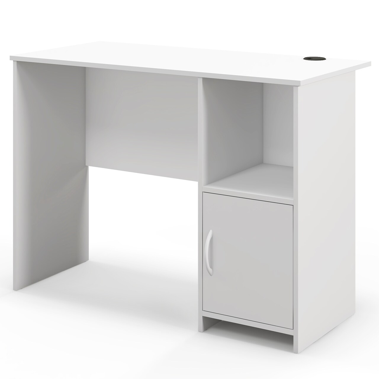 White Computer Desk with Cabinet and Open Shelf Cable Management Workstation